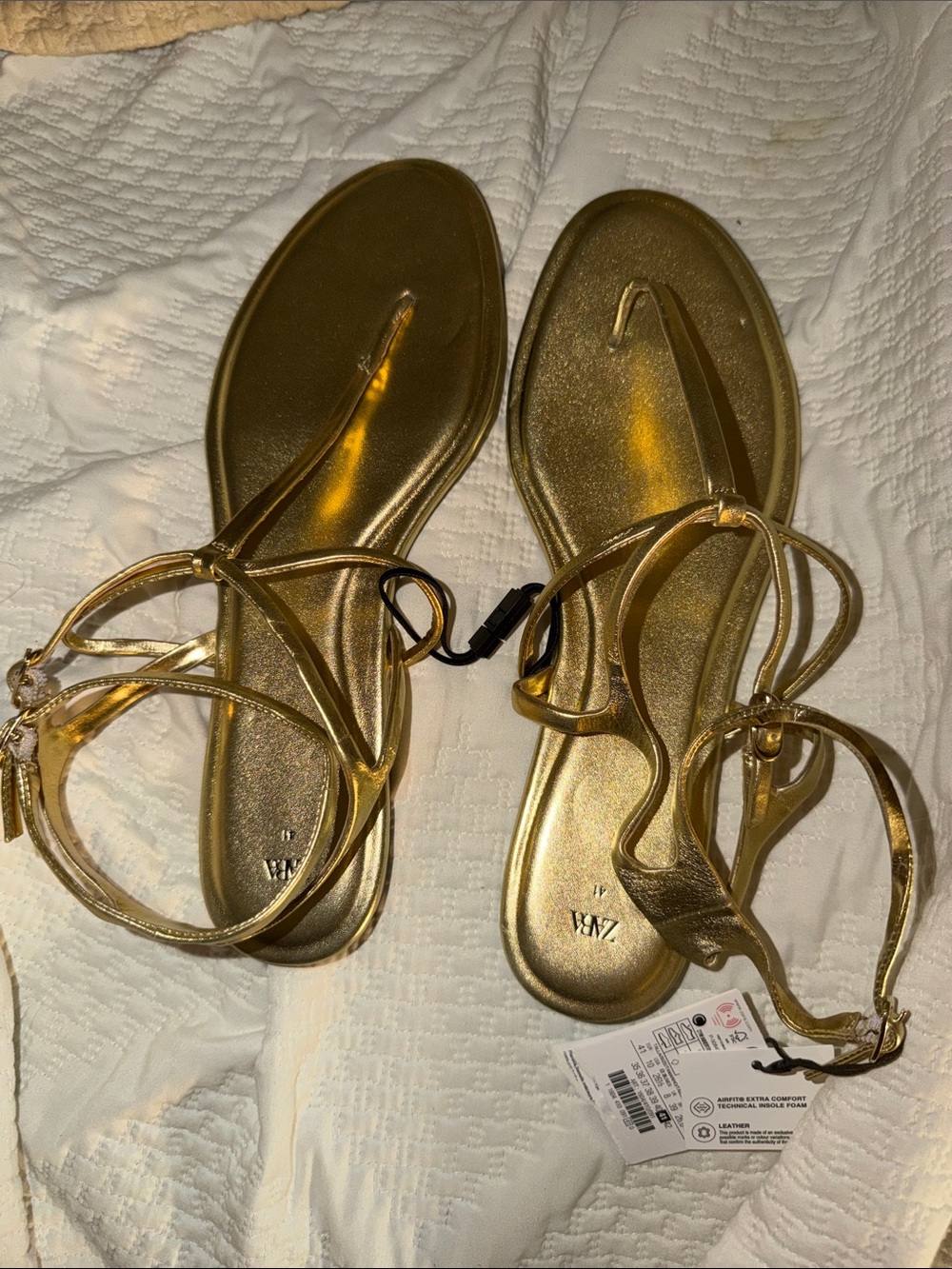 Zara Metallic Gold Strappy Flat Sandals